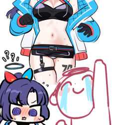 Rule 34 | 1boy, 1girl, ?, @ @, alternate costume, blue archive, blue jacket, blush, breasts, cosplay, doodle sensei (blue archive), grid, gridman universe, halo, jacket, jazz jack, large breasts, long hair, long sleeves, mechanical halo, navel, open clothes, open jacket, open mouth, panties, purple eyes, purple hair, sensei (blue archive), simple background, ssss.gridman, takarada rikka, takarada rikka (cosplay), takarada rikka (solarain toys), thigh strap, thighs, underwear, white background, white panties, yuuka (blue archive)