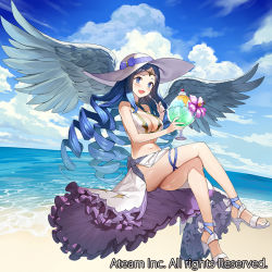 Rule 34 | 1girl, :d, ass, bare arms, bare shoulders, beach, blue bow, blue eyes, blue hair, blue sky, blush, bow, breasts, cleavage, cloud, cloudy sky, commentary request, crossed legs, day, drill hair, fisheye, floating, food, gaou (umaiyo puyoman), hat, hat bow, high heels, holding, horizon, ice cream, large breasts, looking at viewer, ocean, official art, open mouth, outdoors, sand, sitting, sky, smile, solo, spread wings, sun hat, tiara, urd (valkyrie connect), valkyrie connect, waist cape, water, watermark, white footwear, white hat, wings