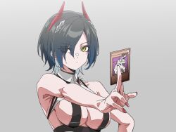 Rule 34 | 1girl, azur lane, bare shoulders, between fingers, black hair, breast strap, breasts, card, card between fingers, cleavage, closed mouth, collarbone, collared shirt, commentary request, crop top, cyber dragon, ear piercing, eyes visible through hair, hair between eyes, hair ornament, hair over one eye, highres, holding, holding card, horns, large breasts, looking at viewer, mechanical horns, multicolored hair, nail polish, piercing, red horns, red nails, shirt, short hair, sidelocks, simple background, solo, standing, trading card, ulrich von hutten (azur lane), upper body, wakoudo, white hair, white shirt, yellow eyes, yu-gi-oh!
