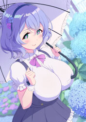 Rule 34 | 1girl, absurdres, aqua eyes, black skirt, blue flower, blurry, blurry background, blush, breasts, clenched hands, closed mouth, clover-shaped pupils, collared shirt, commentary request, flower, hair between eyes, hair flower, hair ornament, hairband, highres, holding, holding umbrella, hydrangea, large breasts, looking at viewer, mole, original, overall skirt, purple hair, sakamata (sakamata4), shirt, short hair, short sleeves, skirt, smile, solo, standing, symbol-shaped pupils, umbrella, white shirt