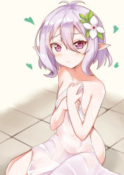 Rule 34 | 1girl, antenna hair, bin1998, blush, breasts, closed mouth, collarbone, commentary request, covered navel, covering privates, flower, groin, hair between eyes, hair flower, hair ornament, hands up, heart, highres, kokkoro (princess connect!), nude cover, pointy ears, princess connect!, purple eyes, purple hair, sitting, small breasts, smile, solo, split mouth, tile floor, tiles, wariza, white flower