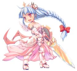 Rule 34 | 1girl, armor, bare shoulders, braid, collarbone, gauntlets, greaves, light valkyrie (p&amp;d), long hair, puzzle &amp; dragons, red eyes, sakuna, shield, silver hair, solo, sword, valkyrie (p&amp;d), weapon