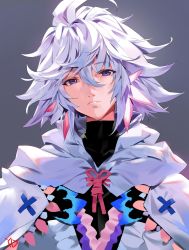 Rule 34 | 1boy, absurdres, bishounen, black shirt, blue background, blue hair, commentary, fate/grand order, fate (series), head tilt, highres, looking at viewer, male focus, merlin (fate/stay night), parted lips, purple eyes, robe, shirt, signature, simple background, smile, solo, turtleneck, upper body, yd (orange maru)