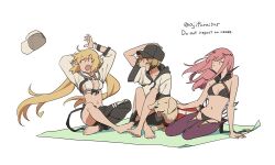 Rule 34 | 3girls, animal, arm support, arms up, artoria caster (fate), artoria caster (swimsuit) (fate), artoria caster (swimsuit) (first ascension) (fate), artoria pendragon (fate), asaya minoru, asymmetrical clothes, bare shoulders, barefoot, baseball cap, bikini, black bikini, black headwear, black pants, black shorts, blanket, breasts, character request, cleavage, cnoc na riabh (fate), cnoc na riabh (swimsuit foreigner) (fate), dog, english text, fate/grand order, fate (series), gareth (fate), gareth (swimsuit saber) (fate), hat, hood, hood down, hoodie, knees up, long sleeves, medb (fate), multiple girls, navel, pants, purple pants, short sleeves, shorts, shrug (clothing), simple background, single pantsleg, small breasts, swimsuit, twitter username, unworn hat, unworn headwear, white background, white bikini, white headwear, white hoodie