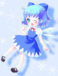 Rule 34 | bad id, bad pixiv id, blue eyes, blue hair, bow, cirno, embodiment of scarlet devil, mary janes, one eye closed, sarta, shoes, short hair, solo, touhou, wings, wink