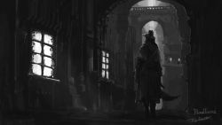 Rule 34 | 1other, ambiguous gender, artist name, bloodborne, bridge, building, coat, commentary, copyright name, from behind, full body, gloves, grey theme, greyscale, hat, highres, holding, holding weapon, hunter (bloodborne), looking to the side, monochrome, outdoors, solo, standing, tripdancer, weapon, window