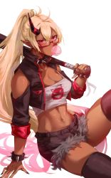 Rule 34 | 1girl, abs, absurdres, blonde hair, bracelet, breasts, chewing gum, cleavage, dark skin, demon girl, fingernails, from above, highres, horns, jacket, jayvee, jewelry, long fingernails, long hair, looking at viewer, looking up, medium breasts, nail polish, navel, original, ponytail, shorts, single horn, sitting, skindentation, solo, spiked bracelet, spikes, thighhighs