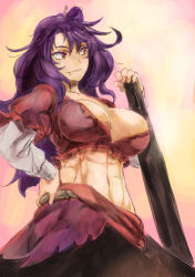 Rule 34 | 1girl, abs, adapted costume, alternate hair length, alternate hairstyle, breasts, cleavage, crop top, fang, fang out, hair ornament, hair stick, hand on own hip, large breasts, long hair, onbashira, purple hair, red eyes, skirt, smile, solo, touhou, yasaka kanako, yohane