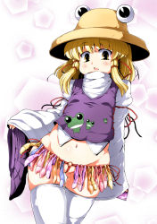 Rule 34 | 1girl, :o, animal print, arm at side, arm ribbon, blonde hair, blush, brown hat, chestnut mouth, condom, condom belt, condom wrapper, cowboy shot, frog print, gluteal fold, hair ornament, hair ribbon, hat, highres, holding, long sleeves, looking at viewer, moriya suwako, multiple condoms, navel, o-ring, open mouth, partially visible vulva, pleated skirt, purple skirt, purple vest, red ribbon, ribbon, shiny skin, short hair with long locks, skirt, sleeves past wrists, solo, standing, sugiura, tareme, thigh gap, thighhighs, touhou, tress ribbon, turtleneck, unworn skirt, used condom, vest, white thighhighs, yellow eyes