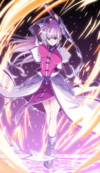 Rule 34 | 1girl, blue eyes, boots, breasts, fingerless gloves, gauntlets, gloves, grin, h-new, highres, laevatein (nanoha), large breasts, long hair, lyrical nanoha, magic circle, mahou shoujo lyrical nanoha, mahou shoujo lyrical nanoha a&#039;s, pink hair, ponytail, sheath, signum, smile, solo, sword, unaligned breasts, weapon, whip sword