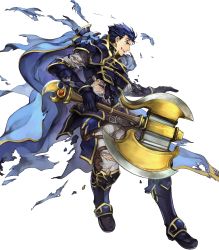 Rule 34 | 1boy, armor, armored boots, axe, battle axe, belt, blouse, blue eyes, blue hair, boots, broken armor, cape, fire emblem, fire emblem: the blazing blade, fire emblem heroes, full body, gauntlets, hector (fire emblem), highres, holding, holding weapon, long sleeves, male focus, nintendo, non-web source, official art, pants, parted lips, scar, shirt, short hair, shoulder armor, shoulder pads, smile, solo, torn cape, torn clothes, torn shirt, transparent background, wada sachiko, weapon