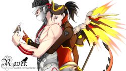 Rule 34 | 1boy, 1girl, alternate costume, armor, artist name, bird, black hair, blackwatch genji, bodysuit, brown legwear, collarbone, covered mouth, cyborg, dark persona, demon horns, demon tail, devil mercy, earrings, facial mark, faulds, forehead mark, from side, genji (overwatch), gloves, glowing, glowing wings, hair tie, highres, holding, holding staff, horns, hug, hug from behind, index finger raised, jewelry, lips, looking at another, mask, mechanical wings, medium hair, mercy (overwatch), muscular, musical note, nose, orange wings, overwatch, overwatch 1, patch, ponytail, purple eyes, red eyes, red lips, scar, signature, sloartist-raven, sparrow, spiked hair, staff, stud earrings, tail, transparent background, tube, upper body, wallpaper, watermark, web address, wings, yellow wings
