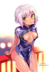 Rule 34 | 1girl, :o, arm support, arms at sides, blunt bangs, blurry, blush, braid, breasts, china dress, chinese clothes, cleavage, dated, depth of field, dress, eyebrows, green eyes, highres, konbu wakame, looking at viewer, open mouth, pelvic curtain, purple dress, short hair, short sleeves, side braid, sitting, small breasts, solo, thighs, twitter username, yellow eyes
