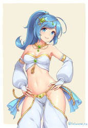 Rule 34 | 1girl, ahoge, armpits, bare shoulders, blue eyes, blue hair, blush, breasts, bridal gauntlets, cameltoe, cleavage, collar, collarbone, cowboy shot, crop top, detached sleeves, female focus, hair ornament, hands on own hips, harem outfit, harem pants, long hair, looking at viewer, medium breasts, midriff, navel, no panties, original, pants, ponytail, puffy sleeves, sasaame, sidelocks, simple background, smile, solo, stomach, twitter username