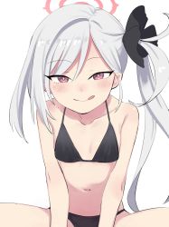 Rule 34 | 1girl, bakonchi, bikini, black bikini, blue archive, blush, closed mouth, collarbone, flower, hair flower, hair ornament, halo, licking lips, long hair, looking at viewer, mutsuki (blue archive), navel, purple eyes, side ponytail, silver hair, simple background, smile, solo, swimsuit, tongue, tongue out, white background