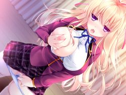 Rule 34 | 1girl, blonde hair, blue eyes, blush, grabbing another&#039;s breast, breasts, breasts out, chikubi (artist), deep skin, dutch angle, female focus, female masturbation, game cg, grabbing, haramase saimin kan jk to zetsurin kimo oyaji, indoors, kusarou, large breasts, legs, long hair, looking at viewer, masturbation, nipples, one breast out, open mouth, ousaka itsuki, panties, panty pull, pussy juice, saliva, school, school uniform, grabbing own breast, skirt, solo, standing, thighs, underwear, wet, zion (company)