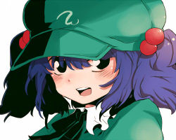 Rule 34 | 1girl, am (going nowhere), bad id, bad pixiv id, blue hair, blush, female focus, hair bobbles, hair ornament, hat, kawashiro nitori, lowres, portrait, smile, solo, toco, touhou, two side up