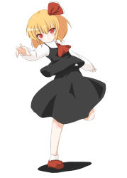 Rule 34 | 1girl, ascot, blonde hair, coo (coonekocoo), female focus, hair ribbon, highres, long sleeves, red eyes, ribbon, rumia, short hair, smile, solo, touhou, white background