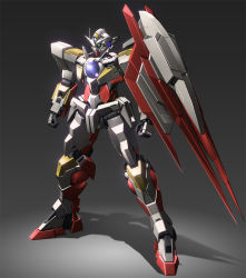 Rule 34 | 00 qan[t], 00s, clenched hands, gradient background, green eyes, grey background, gundam, gundam 00, gundam 00 a wakening of the trailblazer, huge weapon, machinery, mecha, no humans, reborns gundam, robot, shade, simple background, standing, weapon, zb (dawn-blue)