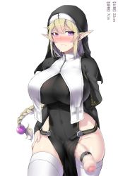 Rule 34 | 1futa, blonde hair, blush, braid, braided ponytail, breasts, censored, commentary request, covered navel, cowboy shot, elf, erection, foreskin, futanari, habit, hair between eyes, highres, large breasts, large penis, long hair, long sleeves, looking at viewer, no panties, nun, original, penis, pointy ears, purple eyes, simple background, solo, sweat, thighhighs, white background, xiangzi box, zipper