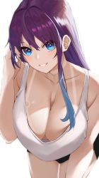 Rule 34 | 1girl, black shorts, blue eyes, breasts, cleavage, collarbone, commentary request, downblouse, hand in own hair, hand up, heart, heart-shaped pupils, highres, huge breasts, leaning forward, long hair, looking at viewer, mole, original, purple hair, shirt, shorts, simple background, smile, solo, standing, straight hair, symbol-shaped pupils, tan, tank top, tanline, udon (udonalium), white background, white shirt
