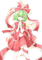 Rule 34 | 1girl, bow, female focus, frills, front ponytail, giwa, green eyes, green hair, hair bow, own hands clasped, highres, kagiyama hina, long hair, matching hair/eyes, navel, open mouth, own hands together, puffy sleeves, sash, short sleeves, solo, touhou