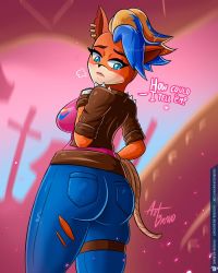Rule 34 | 1girl, ass, axlbravo, blonde hair, blue eyes, blue hair, blush, breasts, crash bandicoot (series), crash bandicoot 4: it&#039;s about time, denim, from behind, furry, furry female, gloves, jacket, jeans, large breasts, looking back, looking down, mohawk, multicolored hair, pants, shiny clothes, short hair, sideboob, skin tight, solo, tawna bandicoot, tawna bandicoot (it&#039;s about time)