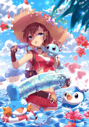 Rule 34 | &gt; &lt;, 10s, 1girl, :o, adapted costume, animal, animal on shoulder, backpack, bag, belt, black gloves, blue eyes, blue sky, blurry, breasts, brown hair, choker, closed eyes, cloud, creatures (company), crop top, day, depth of field, female protagonist (pokemon go), flower, food, front-tie top, game freak, gen 1 pokemon, gen 3 pokemon, gen 4 pokemon, gloves, hat, hat flower, highres, holding, holding food, horsea, innertube, lifebuoy, long hair, looking at viewer, luvdisc, medium breasts, midriff, mudkip, nintendo, ocean, piplup, pokemon, pokemon (creature), pokemon go, ponytail, popsicle, red flower, red shorts, shade, shorts, signature, sky, sleeveless, squirtle, standing, straw hat, summer, swept bangs, swim ring, wading, wailmer, wet, wingull, zenyu