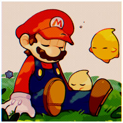 Rule 34 | 1boy, big nose, blue overalls, border, brown footwear, brown hair, buttons, cabbie hat, closed eyes, commentary request, facial hair, gloves, grass, hat, kakao (kakao san9), long sleeves, luma (mario), male focus, mario, mario (series), mustache, nintendo, overalls, polka dot, polka dot background, red hat, red shirt, red sleeves, shirt, shoes, short hair, sleeping, solo, squeans, star bit, super mario galaxy, white border, white gloves