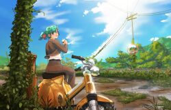 Rule 34 | 1girl, artificialkaban, artist name, blue sky, brown coat, brown jacket, brown pants, camera, cloud, cloudy sky, coat, commentary request, day, full body, green hair, hatsuseno alpha, highres, holding, holding camera, jacket, landscape, looking at viewer, looking back, motor vehicle, mouth hold, on vehicle, overgrown, pants, post-apocalypse, power lines, purple eyes, scooter, shirt, short hair, short ponytail, sky, solo, utility pole, vespa, white shirt, yokohama kaidashi kikou