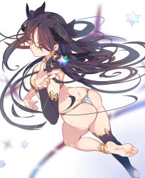 Rule 34 | 1girl, anklet, ass, barefoot, black hair, black thighhighs, detached sleeves, dimples of venus, duplicate, earrings, fate/grand order, fate (series), hoop earrings, ishtar (fate), jewelry, long hair, orange eyes, revealing clothes, saint quartz (fate), single detached sleeve, single thighhigh, solo, thighhighs, thong, two side up, very long hair, xiaoshou xiansheng