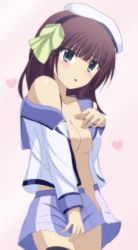 Rule 34 | 1girl, absurdres, angel beats!, black hairband, black thighhighs, blue sailor collar, blue skirt, blunt bangs, blush, bow, breasts, brown hair, cleavage, collarbone, cowboy shot, green bow, green eyes, hair bow, hairband, heart, highres, lelie (lelie link), long hair, looking at viewer, medium breasts, miniskirt, nakamura yuri, no bra, no panties, off shoulder, open clothes, open mouth, open shirt, pleated skirt, sailor collar, sailor shirt, shinda sekai sensen uniform, shiny skin, shirt, skirt, solo, standing, thighhighs, white headwear, white shirt, zettai ryouiki