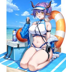Rule 34 | absurdres, animal ears, arknights, armband, bare legs, bare shoulders, beach, bottle, breasts, cow ears, cow girl, cow horns, gaosu gong lu, gloves, halterneck, happy, highres, horns, inflatable toy, jacket, jacket partially removed, kneeling, large breasts, legs together, looking at viewer, navel, official alternate costume, open mouth, pointy ears, ponytail, purple hair, sandals, sideroca (arknights), sideroca (light breeze) (arknights), solo, swimsuit, thigh strap, thighs, visor, visor cap, water bottle, yellow eyes