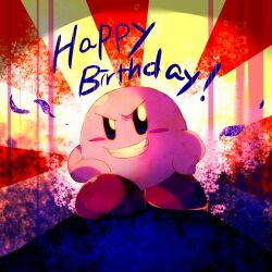 Rule 34 | anniversary, blue eyes, blush stickers, colored skin, commentary request, english text, grin, hand on own chest, hand on own hip, happy birthday, kirby, kirby (series), leaf, looking at viewer, nintendo, no humans, open mouth, pink skin, red background, red footwear, shirushiki, shoes, smile, solo, spotlight, straight-on, teeth, two-tone background, v-shaped eyebrows, white background