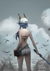 Rule 34 | 1girl, absurdres, arknights, ass, back, bag, bare shoulders, baseball cap, bikini, blue hair, breasts, ch&#039;en (arknights), ch'en (arknights), dragon horns, female tourist c (arknights), grey sky, hair up, hat, highleg, highleg bikini, highres, holding, holding sword, holding weapon, horns, horns through headwear, long hair, lumin aria, medium breasts, official alternate costume, overcast, short shorts, shorts, sidelocks, sky, solo, swimsuit, sword, thighs, weapon, white shorts