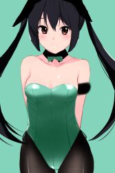 Rule 34 | 1girl, arms behind back, bare shoulders, black hair, black pantyhose, blush, breasts, brown eyes, cleavage, closed mouth, collarbone, detached collar, dot nose, female focus, green background, green leotard, highres, k-on!, leotard, long hair, nakano azusa, pantyhose, playboy bunny, simple background, smile, solo, standing, tanakayutak c, twintails