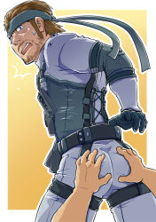 Rule 34 | 2boys, ass grab, bara, beard, bodysuit, brown hair, cross-laced slit, facial hair, feet out of frame, grabbing another&#039;s ass, grey bodysuit, groping, headband, leg strap, light blush, long sideburns, looking at viewer, looking back, male focus, mature male, metal gear (series), multiple boys, muscular, muscular male, mustache, short hair, sideburns, solid snake, solo focus, stubble, suv (suv032), sweatdrop, thick eyebrows, thick thighs, thigh strap, thighs, yaoi