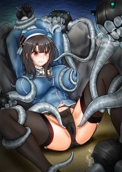 Rule 34 | 1girl, beret, black gloves, black hair, black panties, black thighhighs, blue hat, breasts, enemy naval mine (kancolle), garter belt, gloves, hat, highres, kantai collection, large breasts, military, military uniform, panties, red eyes, restrained, short hair, sitting, solo, takao (kancolle), tentacles, thighhighs, underwear, uniform, ura tomomi
