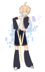 Rule 34 | 1boy, belt, black shorts, black sleeves, blonde hair, bottle, contrapposto, covering own mouth, d futagosaikyou, detached sleeves, full body, green eyes, hand on own hip, hand over own mouth, hand up, headphones, highres, kagamine len, kagamine len (append), leg warmers, male focus, midriff, muted color, navel, shirt, shorts, sideways glance, sleeveless, sleeveless shirt, solo, spiked hair, standing, vocaloid, vocaloid append, white background, white shirt