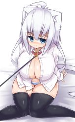 Rule 34 | 1girl, ahoge, animal ears, bed, between legs, black thighhighs, blue eyes, blush, breasts, cat ears, cat tail, cleavage, collar, collared shirt, curvy, felt whitesnow, frown, hand between legs, hand on own thigh, highres, huge breasts, leash, looking at viewer, looking away, original, panties, sad, sawati, shirt, short hair with long locks, sitting, solo, striped clothes, striped panties, tail, thick thighs, thighhighs, thighs, unbuttoned, underwear, wariza, white hair, wide hips
