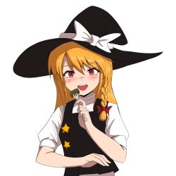 Rule 34 | 1girl, bad id, bad twitter id, black hat, black vest, blonde hair, blush, bow, braid, breasts, cape (odichannocookie), commentary request, cookie (touhou), cowboy shot, fork, hair between eyes, hair bow, hat, hat bow, highres, holding, holding fork, kirisame marisa, long hair, looking at viewer, open mouth, puffy short sleeves, puffy sleeves, red bow, red eyes, shirt, short sleeves, side braid, simple background, single braid, small breasts, smile, solo, star (symbol), suzu (cookie), touhou, turtleneck, unusually open eyes, vest, white background, white bow, white shirt, witch hat