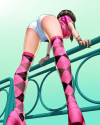 Rule 34 | 1girl, aqua background, argyle, argyle clothes, argyle legwear, ass, ats (ats2nd), bad id, bad pixiv id, bent over, bracelet, breasts, brown hair, from below, gradient background, green background, high heels, jewelry, legs, long hair, long legs, lots of jewelry, original, pink thighhighs, railing, short shorts, shorts, skindentation, solo, thighhighs, thighs