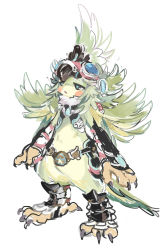 Rule 34 | 1girl, absurdres, bird, bird girl, claws, crop top, detached sleeves, feather hair, feathers, finch (xenoblade), flat chest, fur collar, gem, goggles, goggles on head, green hair, hat, highres, long hair, monster girl, nintendo, open mouth, solo, talons, toeless legwear, xenoblade chronicles (series), xenoblade chronicles 2