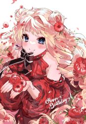 Rule 34 | 1girl, absurdres, bare shoulders, blonde hair, blush, closed mouth, dress, earrings, flower, hair flower, hair ornament, happy birthday, highres, jewelry, long hair, looking at viewer, macross, macross frontier, neck ribbon, open hand, palms, petals, red dress, red flower, ribbon, sechi (stst1850), sheryl nome, single earring, smile, solo, white background