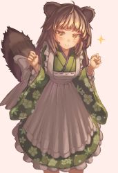 Rule 34 | 1girl, ahoge, animal ears, apron, arms at sides, arms up, bad id, bad twitter id, blush, brown hair, dot nose, dress, green dress, green kimono, japanese clothes, kimono, lolita fashion, long hair, long sleeves, looking at viewer, original, osobachan, raccoon ears, raccoon tail, smile, solo, sparkle, sparkling eyes, standing, tail, v-shaped eyebrows, wa lolita, wide sleeves, yellow eyes