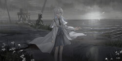 Rule 34 | 1girl, absurdres, black necktie, blue eyes, building, chihuri, closed mouth, collared shirt, commentary request, ende (chihuri), feet out of frame, flower, grey hair, grey skirt, grey vest, hair between eyes, highres, horizon, jacket, long hair, long sleeves, necktie, ocean, open clothes, open jacket, original, petals, power lines, puffy long sleeves, puffy sleeves, shirt, skirt, smile, solo, standing, utility pole, vest, water, white flower, white jacket, white shirt, window