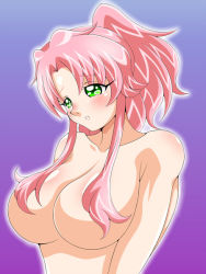 Rule 34 | 1girl, blush, breasts, convenient censoring, gradient background, green eyes, hair censor, hair over breasts, inabakun00, large breasts, long hair, nude, original, parted lips, pink hair, ponytail, rio (inaba), solo, standing, upper body