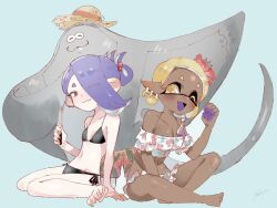 Rule 34 | 1boy, 2girls, ;), ;d, alternate costume, alternate hairstyle, artist name, asymmetrical hair, bare arms, bare legs, bare shoulders, barefoot, big man (splatoon), bikini, black bikini, blonde hair, blue background, blue hair, breasts, cleavage, closed mouth, collarbone, colored eyelashes, colored skin, colored tongue, commentary, cross-shaped pupils, dark-skinned female, dark skin, earrings, eyeliner, eyes visible through hair, fang, floral print, floral print bikini, flower, folded fan, folded ponytail, folding fan, frye (splatoon), groin, hair flower, hair ornament, hair over one eye, hair up, hand fan, hand up, hat, highres, holding, holding fan, inkling, jewelry, long hair, makeup, male swimwear, manta ray, medium breasts, multicolored hair, multicolored skin, multiple earrings, multiple girls, navel, nintendo, octoling, one eye closed, open mouth, plum0o0, pointy ears, print bikini, purple hair, purple skin, purple tongue, red eyeliner, red eyes, red flower, shiver (splatoon), short eyebrows, side-tie bikini bottom, signature, simple background, sitting, small breasts, smile, splatoon (series), straw hat, swim trunks, swimsuit, symbol-only commentary, symbol-shaped pupils, tentacle hair, tooth earrings, two-tone hair, two-tone skin, yellow eyes, yellow hat
