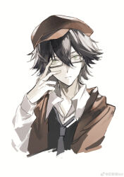 Rule 34 | 1boy, adjusting eyewear, black-framed eyewear, black hair, black vest, blending, brown hat, brown jacket, bungou stray dogs, cabbie hat, chinese commentary, closed mouth, collared shirt, commentary request, cui (jidanhaidaitang), edogawa ranpo (bungou stray dogs), expressionless, glasses, green eyes, grey necktie, hair between eyes, hand on eyewear, hat, highres, jacket, long sleeves, looking at viewer, male focus, necktie, open clothes, open jacket, shirt, short hair, simple background, solo, upper body, vest, weibo logo, weibo watermark, white background, white shirt, white sleeves