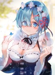 Rule 34 | 1girl, animal, black bow, black ribbon, black sleeves, blue eyes, blue hair, blurry, blurry background, blush, bow, breasts, bug, butterfly, cleavage, closed mouth, commentary request, depth of field, detached sleeves, hair ornament, hair over one eye, hair ribbon, hairclip, hands up, highres, insect, juliet sleeves, long sleeves, looking at viewer, medium breasts, neck ribbon, puffy sleeves, re:zero kara hajimeru isekai seikatsu, red ribbon, rem (re:zero), ribbon, ribbon trim, sha2mo, short hair, signature, smile, solo, upper body, white bow, wide sleeves, x hair ornament